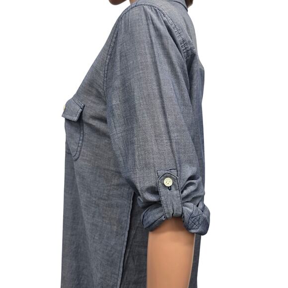 J. Crew Chambray Popover Tunic Shirt Women M Blue Long Sleeve Roll tab Button Up - Picture 6 of 12